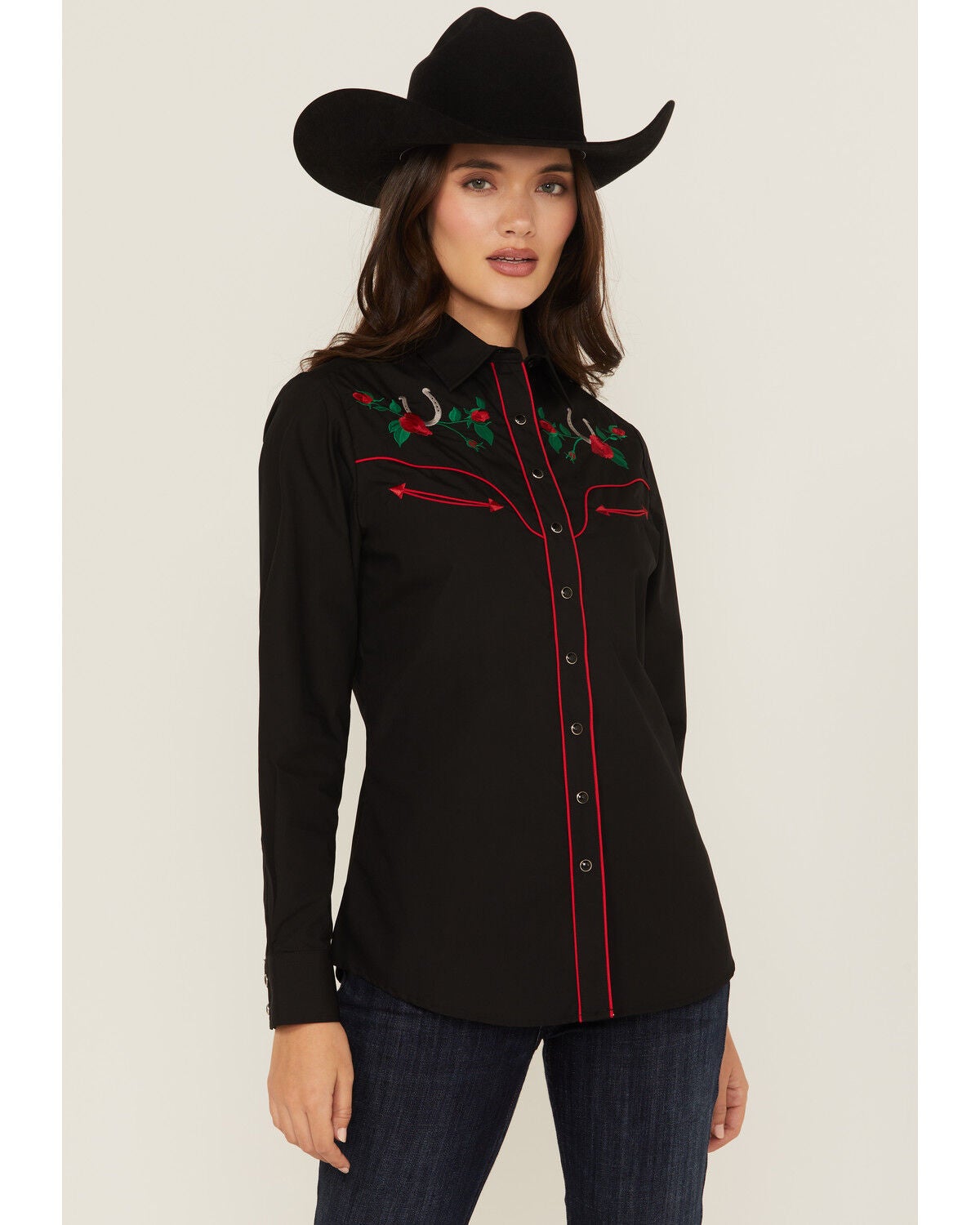 Rodeo Clothing Women's Rose Embroidered Long Sleeve Snap Western Shirt, Black, hi-res