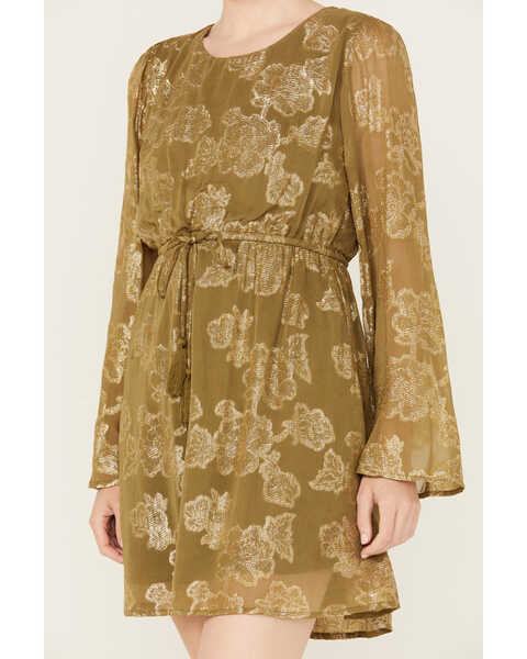 Image #3 - En Creme Women's Floral Metallic Long Sleeve Mini Dress, Olive, hi-res
