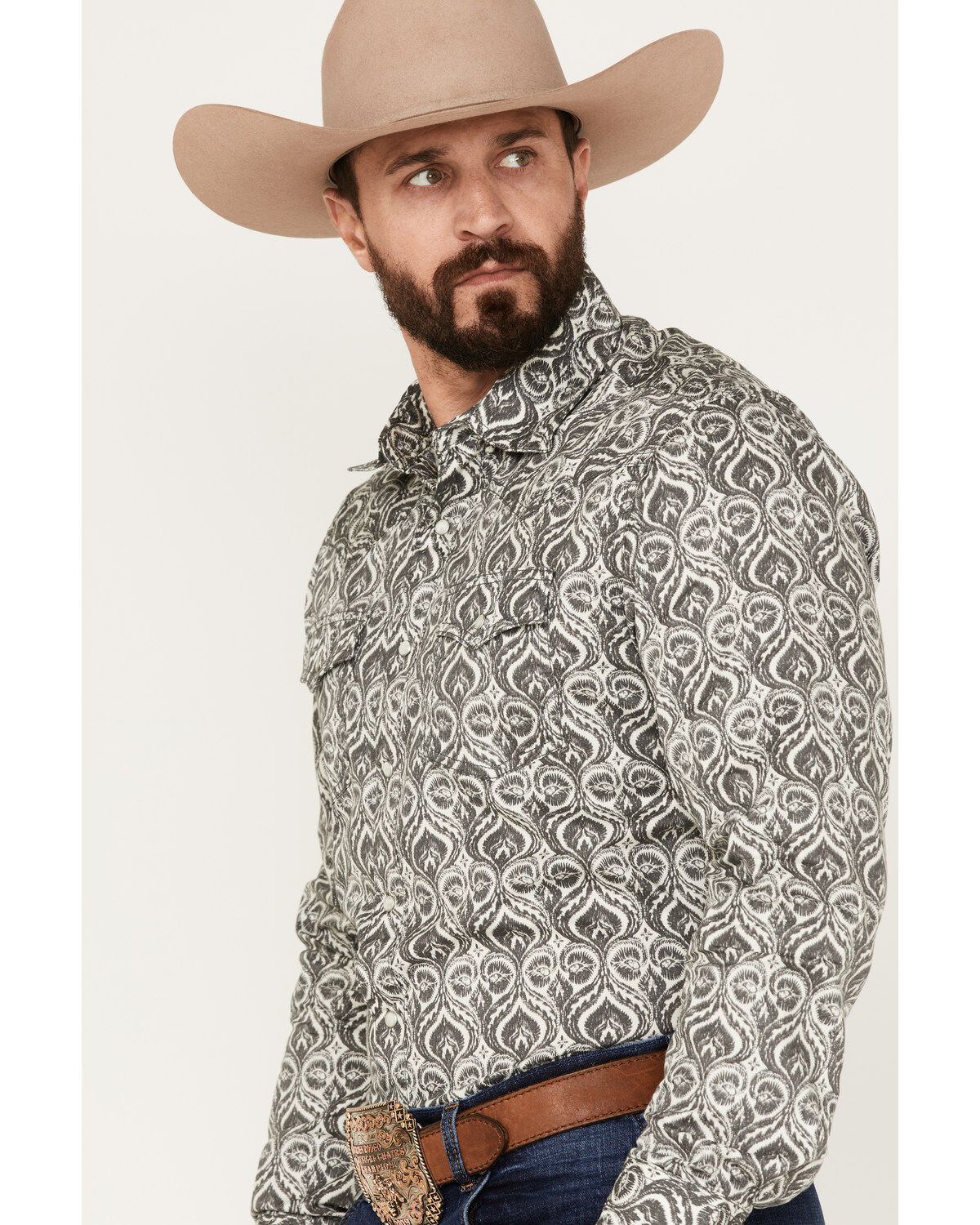 Image #2 - Wrangler Retro Premium Men's All-Over Spade Print Long Sleeve Snap Western Shirt, Grey, hi-res