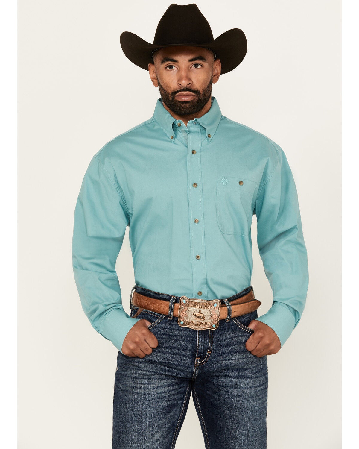 George Strait by Wrangler Men's Solid Long Sleeve Button-Down Stretch Western Shirt, Turquoise, hi-res