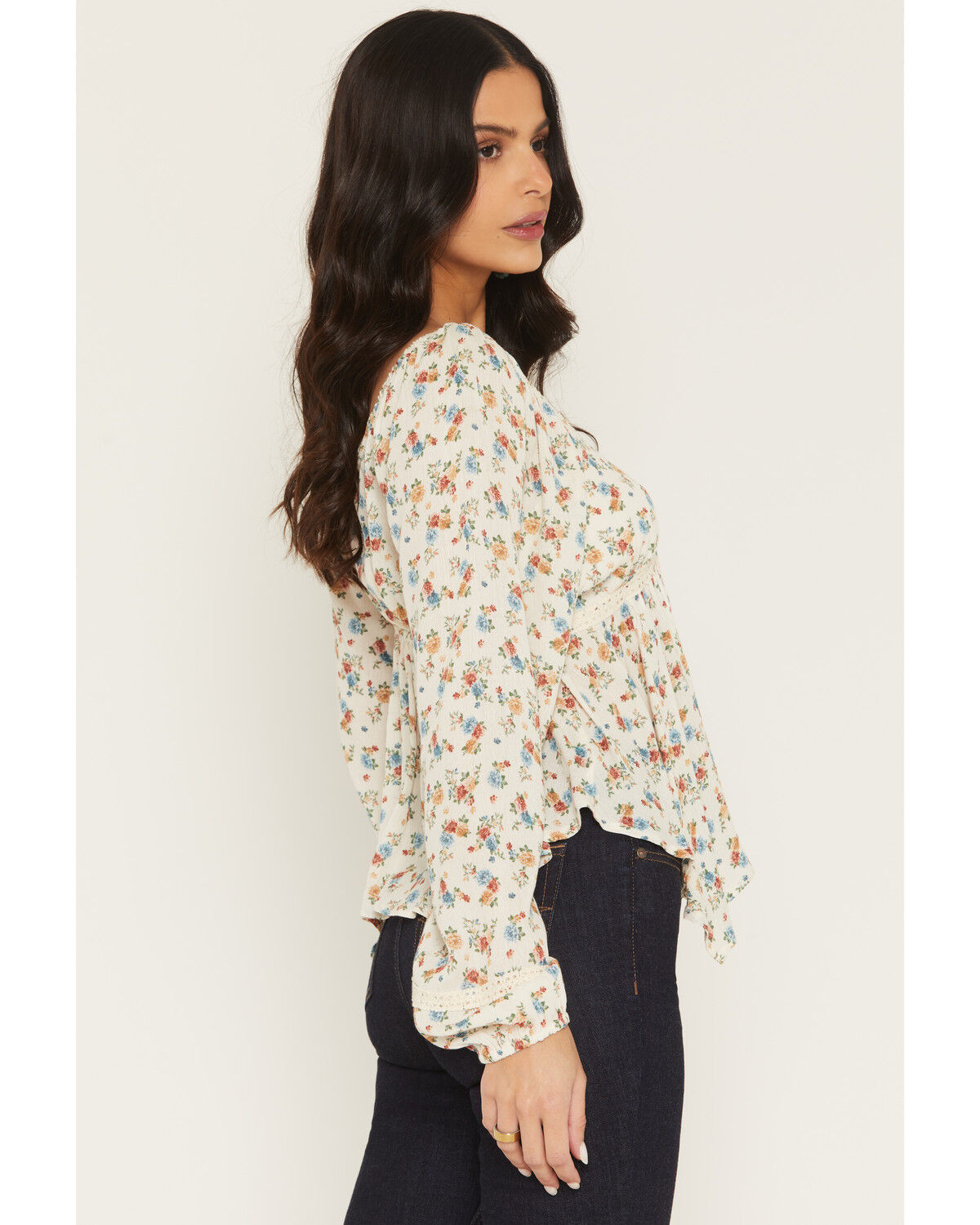 Image #2 - Wild Moss Women's Floral Print Long Sleeve Hanky Hem Top, Ivory, hi-res