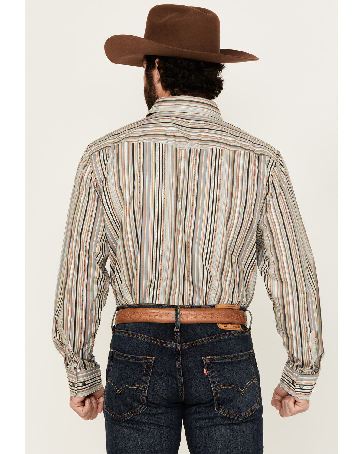 Image #4 - Panhandle Select Men's Striped Long Sleeve Pearl Snap Western Shirt, Sand, hi-res