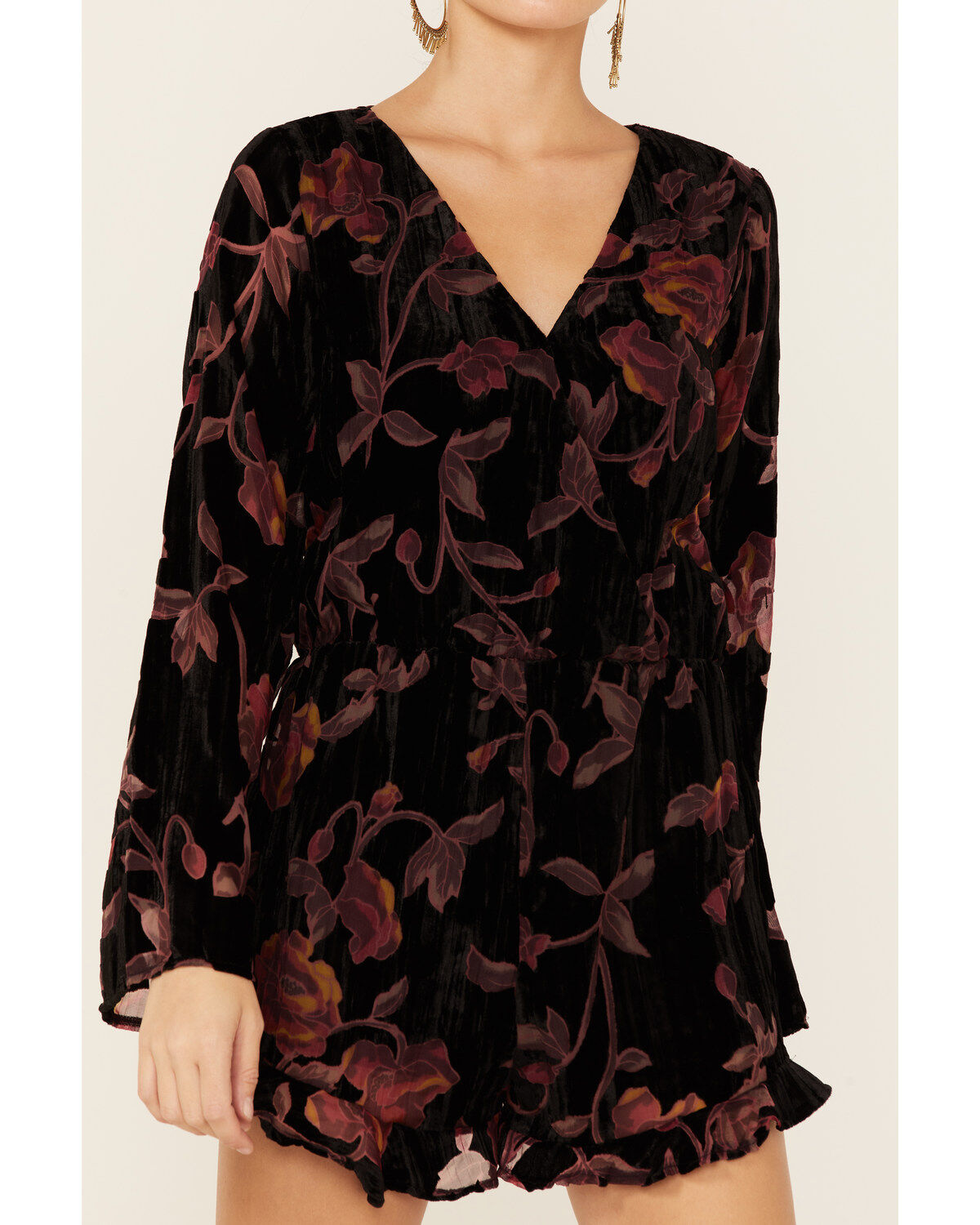 Image #2 - Wild Moss Women's Floral Burnout Velvet Romper, , hi-res
