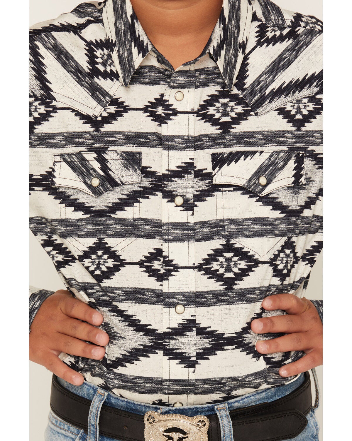 Image #3 - Cody James Boys' Tiki Room Southwestern Striped Long Sleeve Snap Stretch Western Shirt, Blue, hi-res