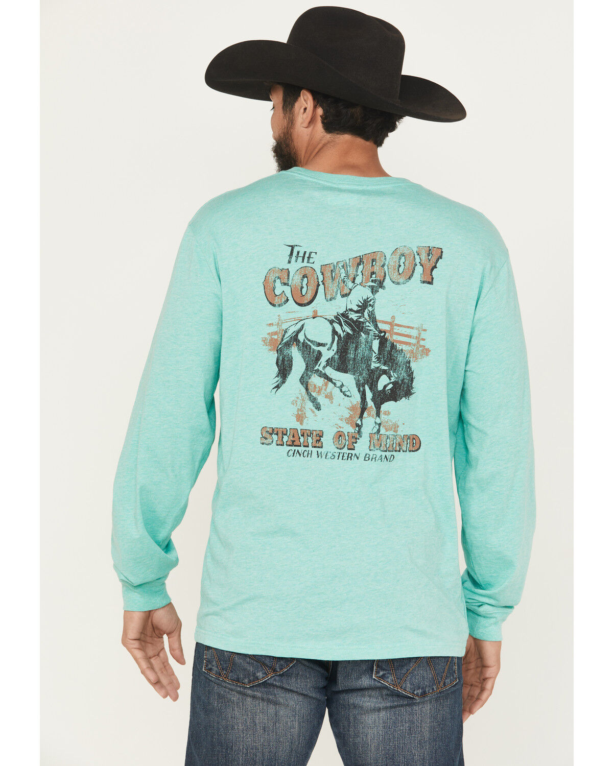 Image #1 - Cinch Men's Cowboy State of Mind Long Sleeve Graphic T-Shirt, Turquoise, hi-res