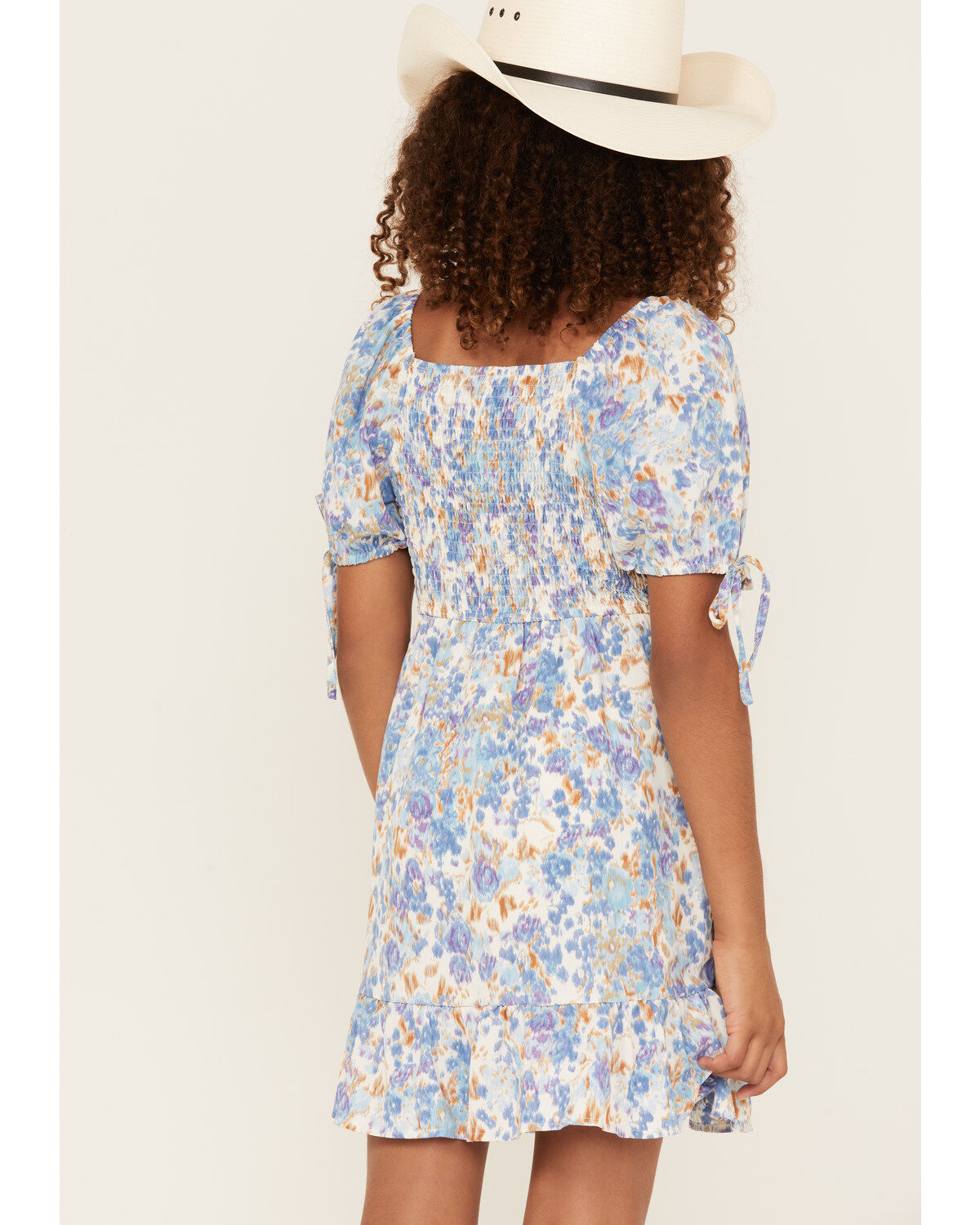 Image #4 - Hayden Girls' Floral Print Puff Sleeve Mini Dress, Blue, hi-res