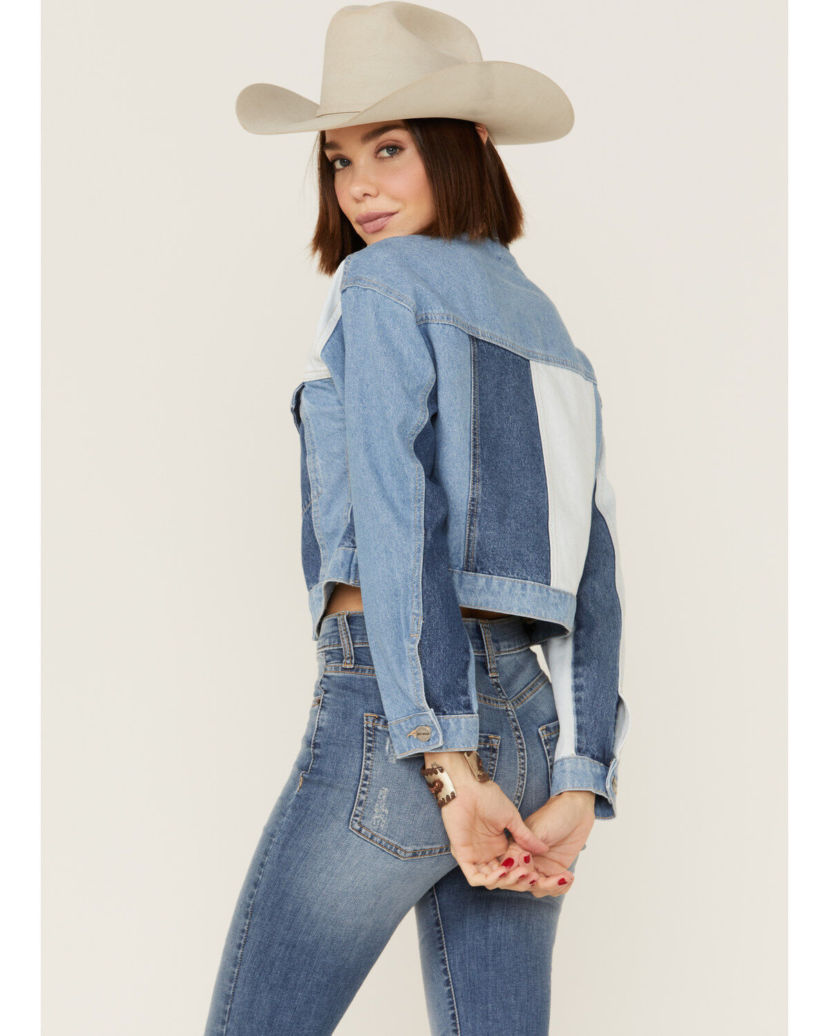 Image #2 - Driftwood Women's Colorblock Cropped Denim Jean Jacket, Blue, hi-res