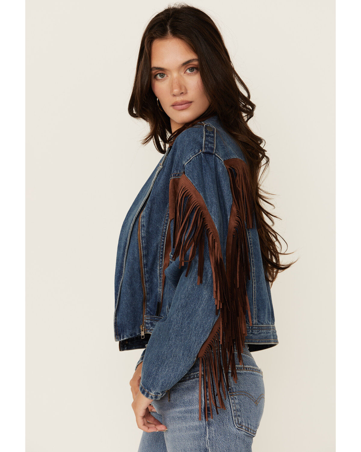 Image #2 - Rock & Roll Denim Women's Medium Wash Faux Suede Fringe Denim Jacket, , hi-res
