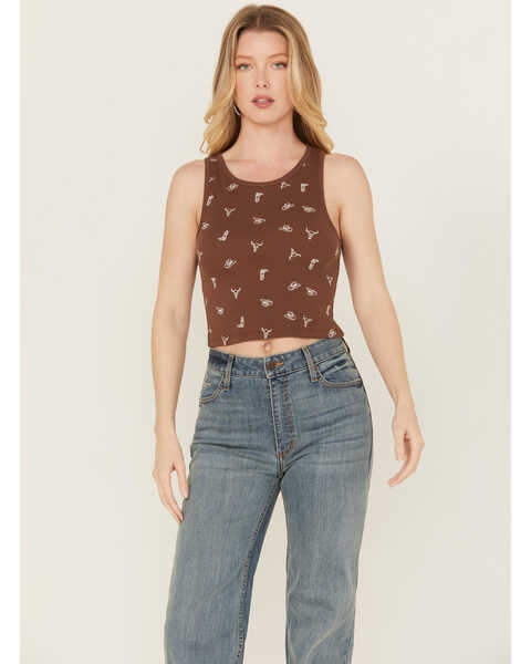 Image #1 - Discreture Women's Western Embroidered Cropped Tank, Brown, hi-res