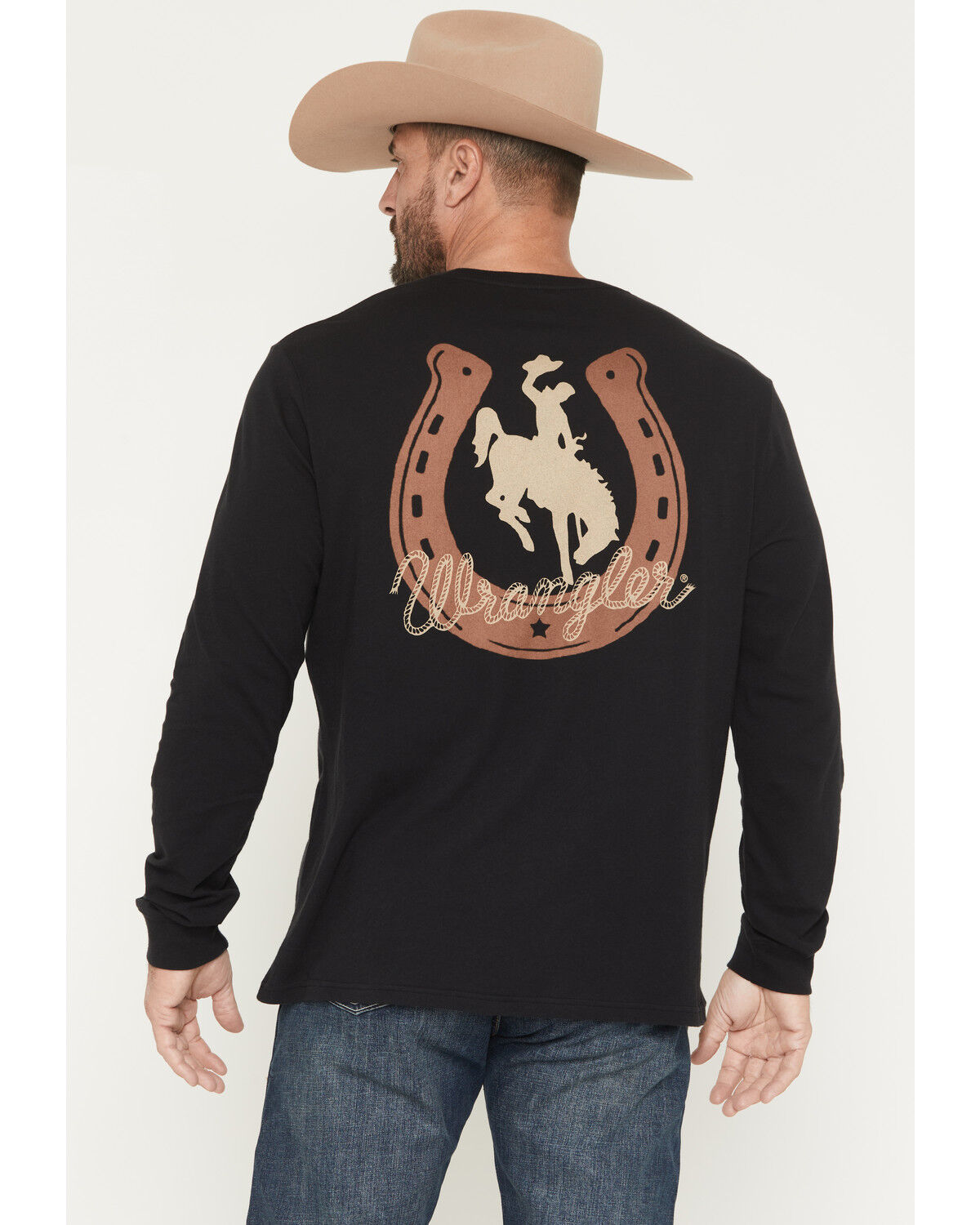Image #1 - Wrangler Men's Boot Barn Exclusive Horseshoe Cowboy Long Sleeve Graphic T-Shirt, Black, hi-res