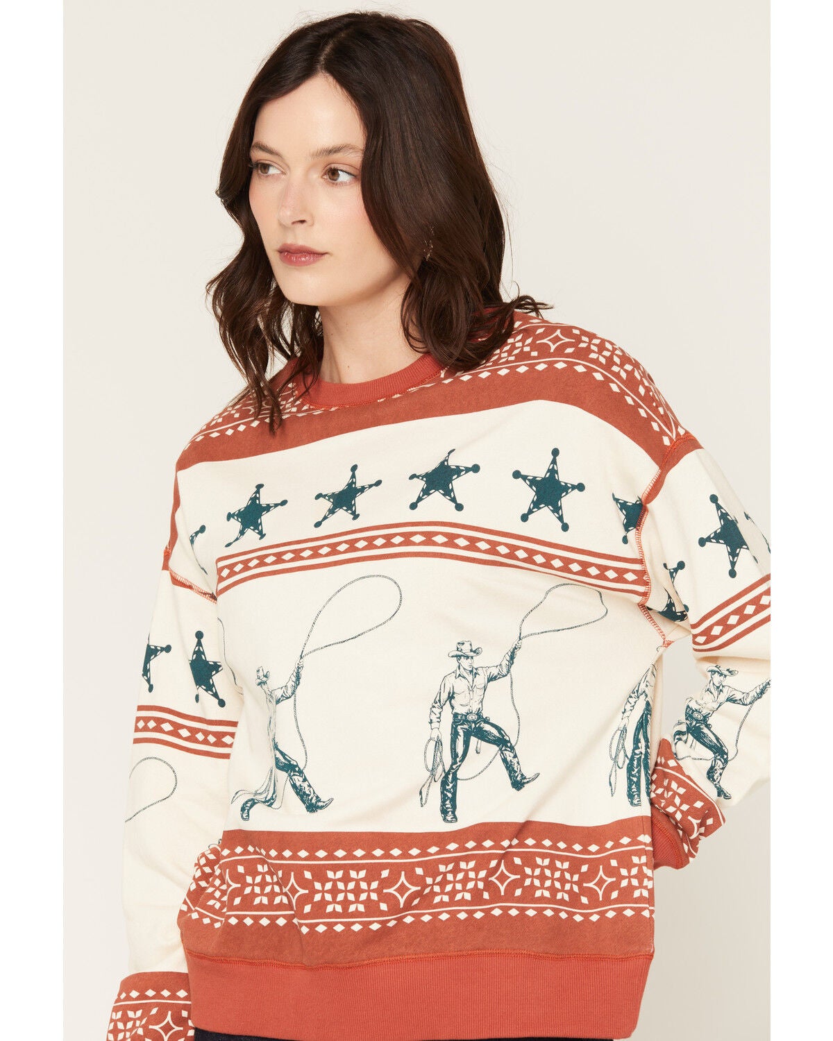 Image #2 - Panhandle Slim Women's Cowboy Crew Neck Long Sleeve, Rust Copper, hi-res