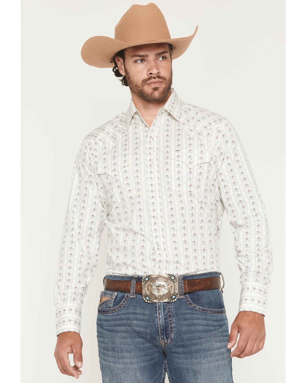 Ely Walker Men's Wallpaper Floral Stripe Print Long Sleeve Snap Western Shirt - Tall, Cream, hi-res