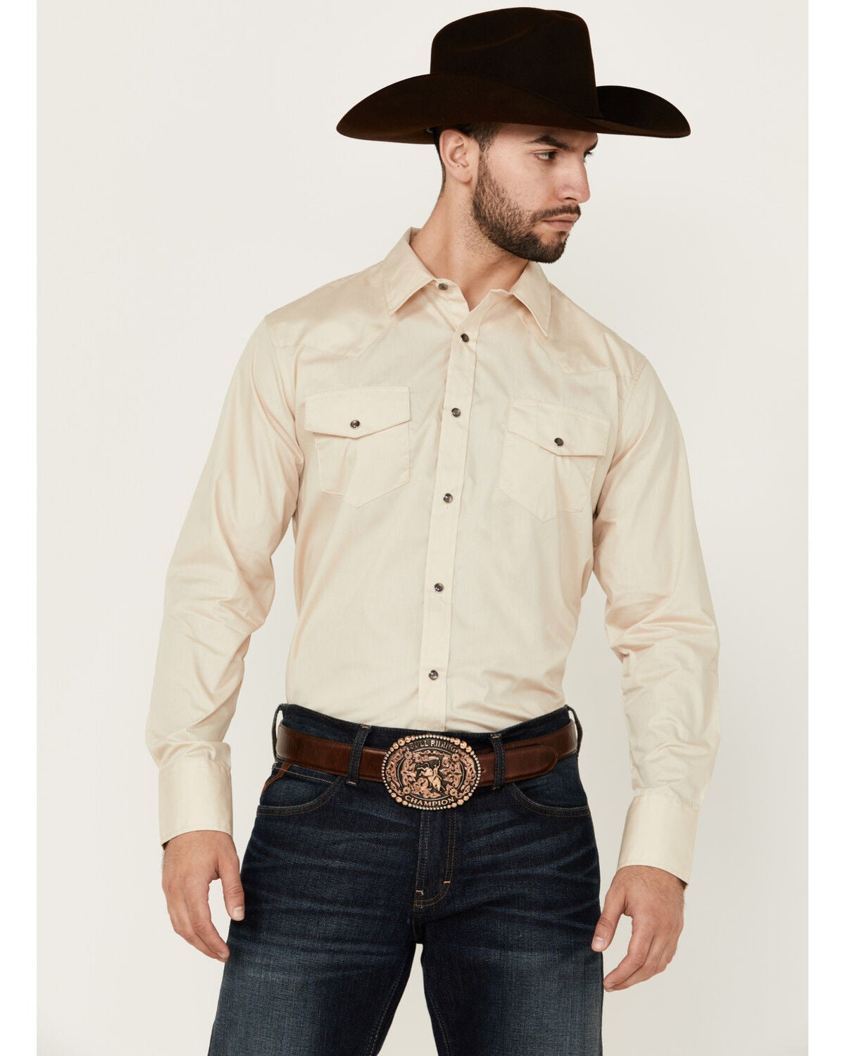 Gibson Men's Basic Solid Long Sleeve Pearl Snap Western Shirt - Big, Tan, hi-res