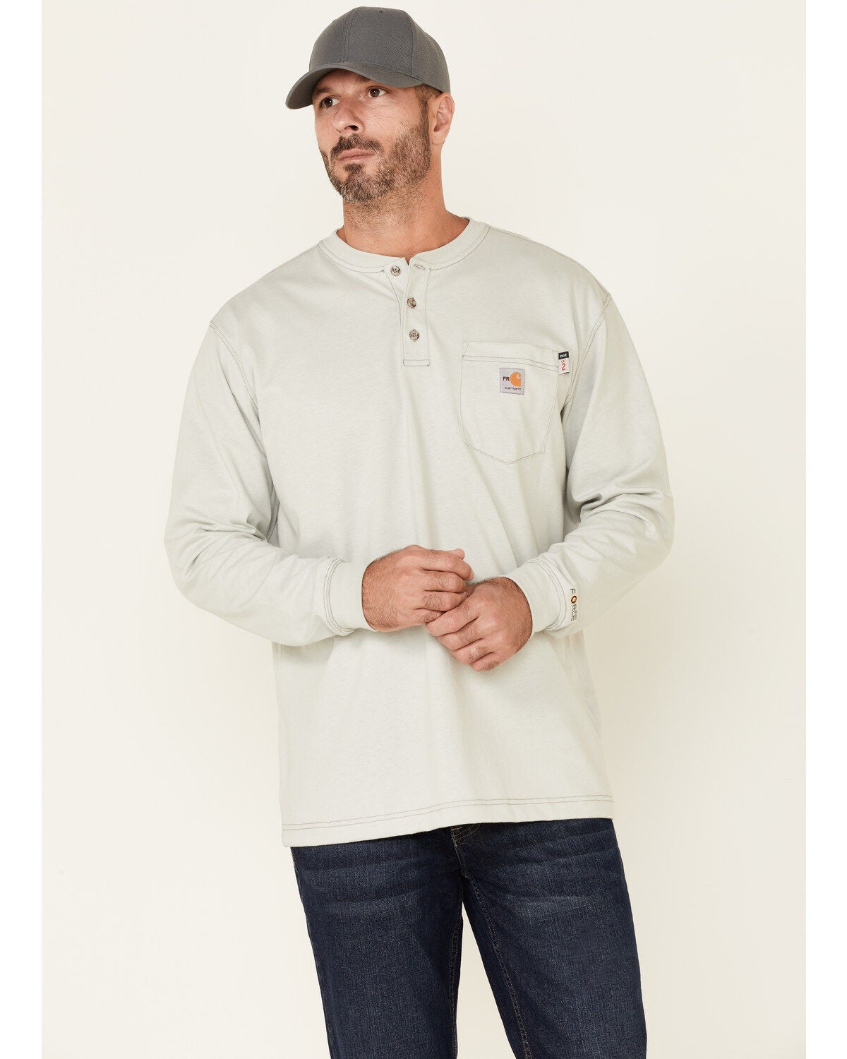 Carhartt Men's FR Henley Long Sleeve Work Shirt, Lt Grey, hi-res