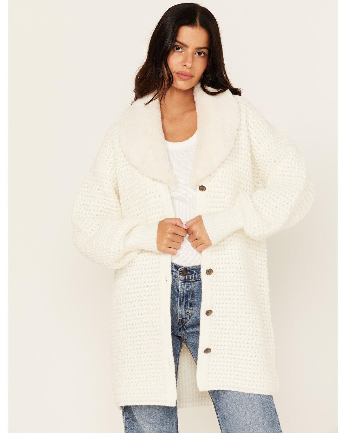 Image #2 - Shyanne Women's Chunky Fit Fur Trim Cardigan Sweater, Off White, hi-res