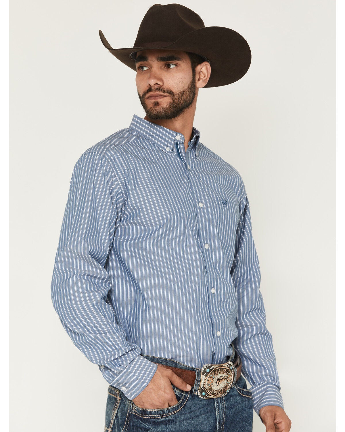 Image #2 - Ariat Men's Pro Series Judah Striped Fitted Long Sleeve Western Shirt, Blue, hi-res