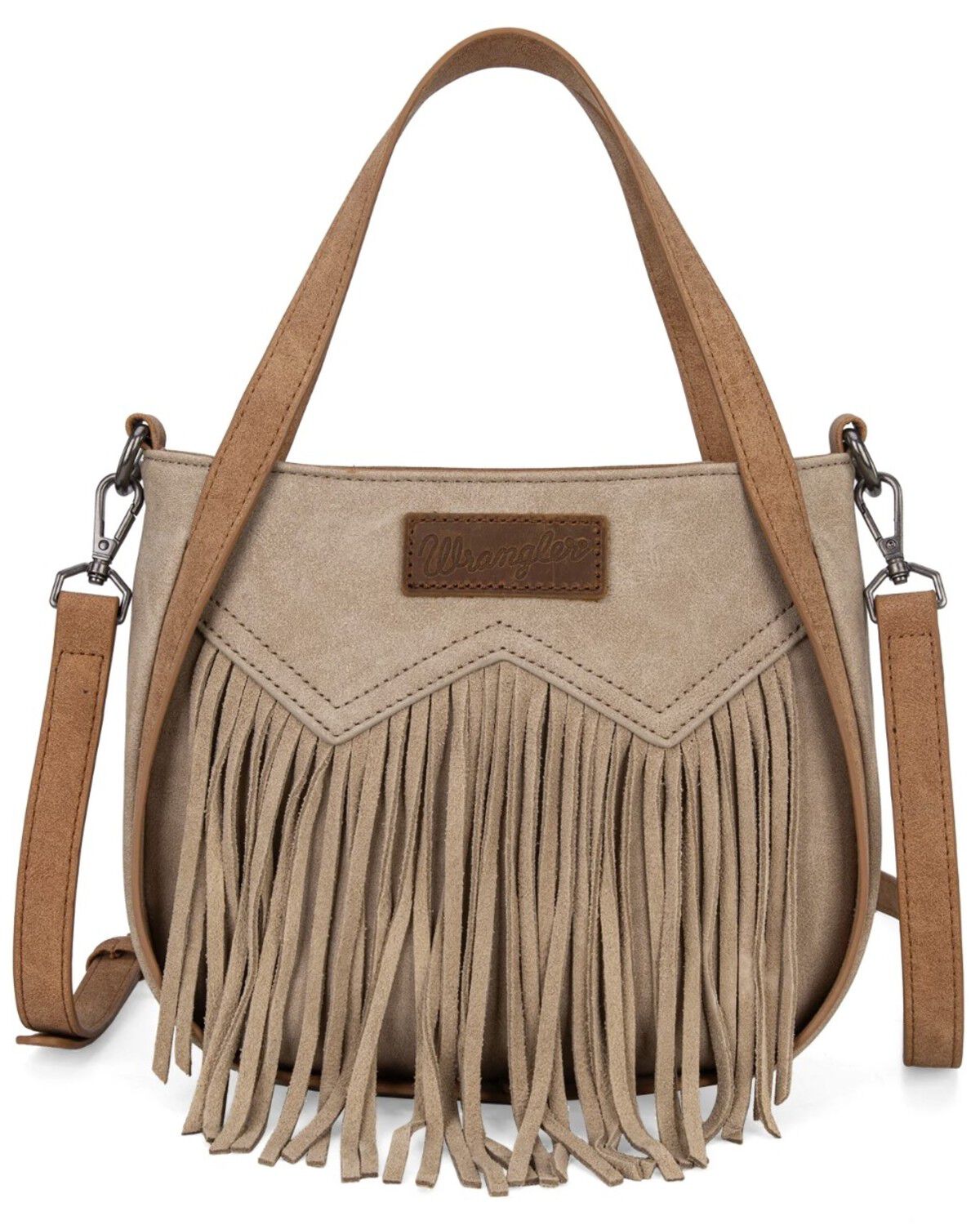 Wrangler Women's "W" Stitch Fringe Two Tone Crossbody, Tan, hi-res