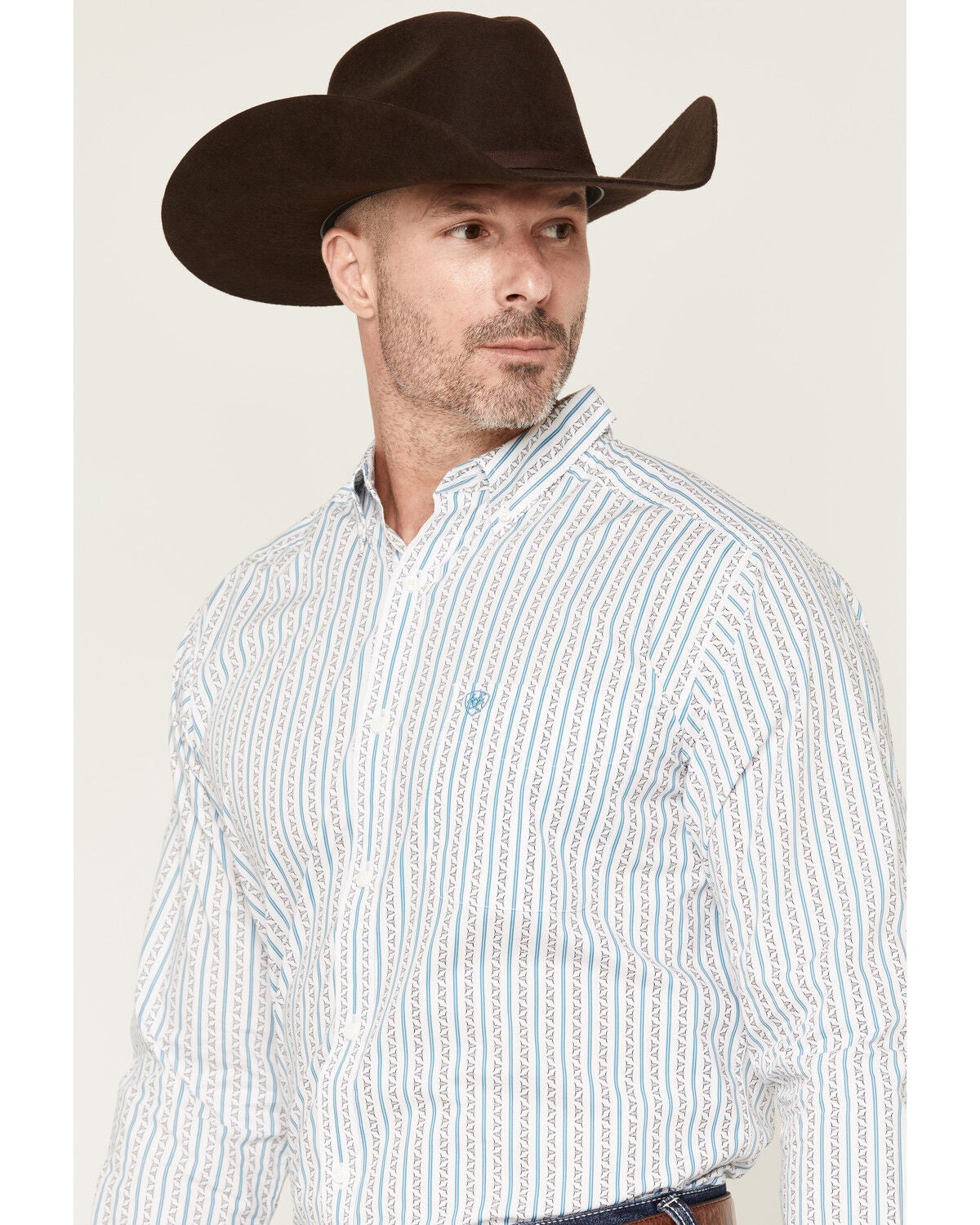Image #2 - Ariat Men's Crow Longhorn Striped Fitted Long Sleeve Button-Down Western Shirt, White, hi-res