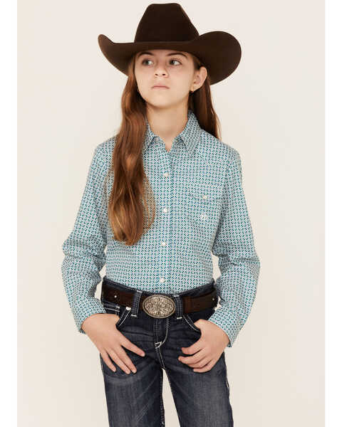 Roper Girls' Ice Crystal Geo Print Long Sleeve Snap Western Shirt , Blue, hi-res