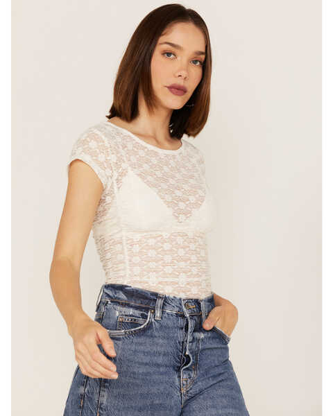 Free People Women's Keep It Simple Lace Short Sleeve Top, Ivory, hi-res