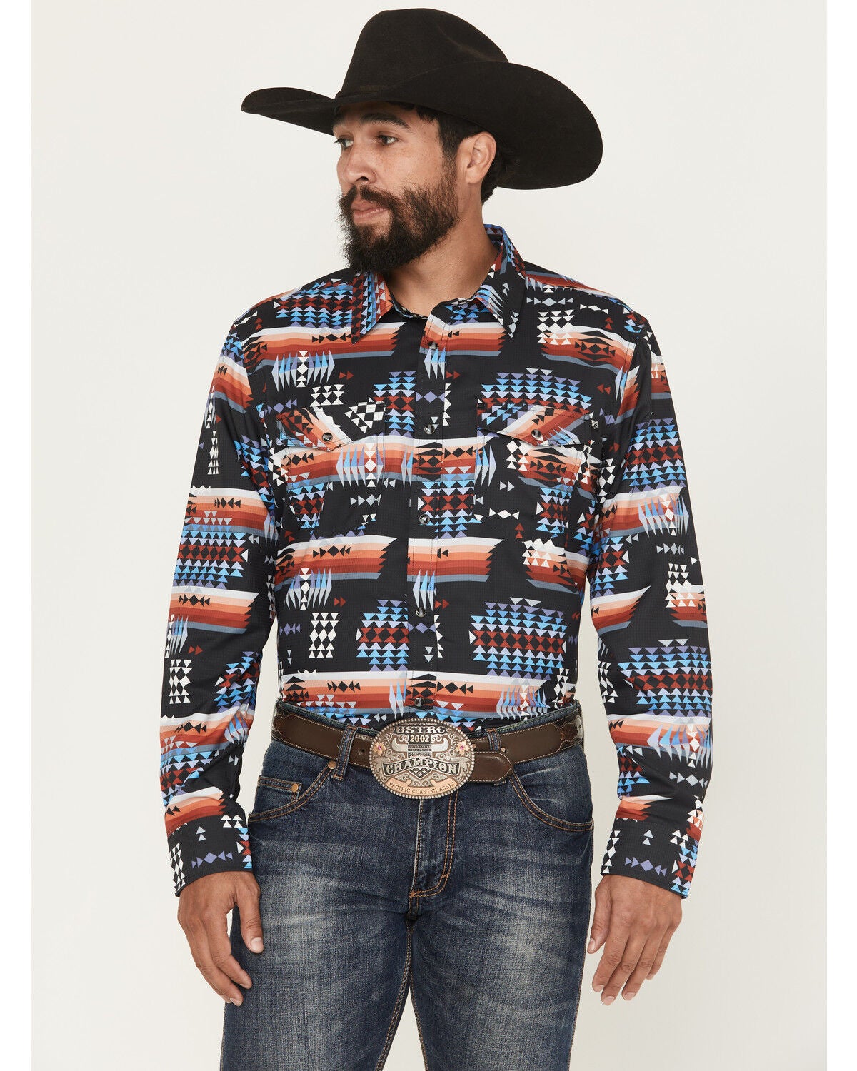 RANK 45&reg; Men's Nate Southwestern Print Long Sleeve Snap Performance Western Shirt, Black, hi-res