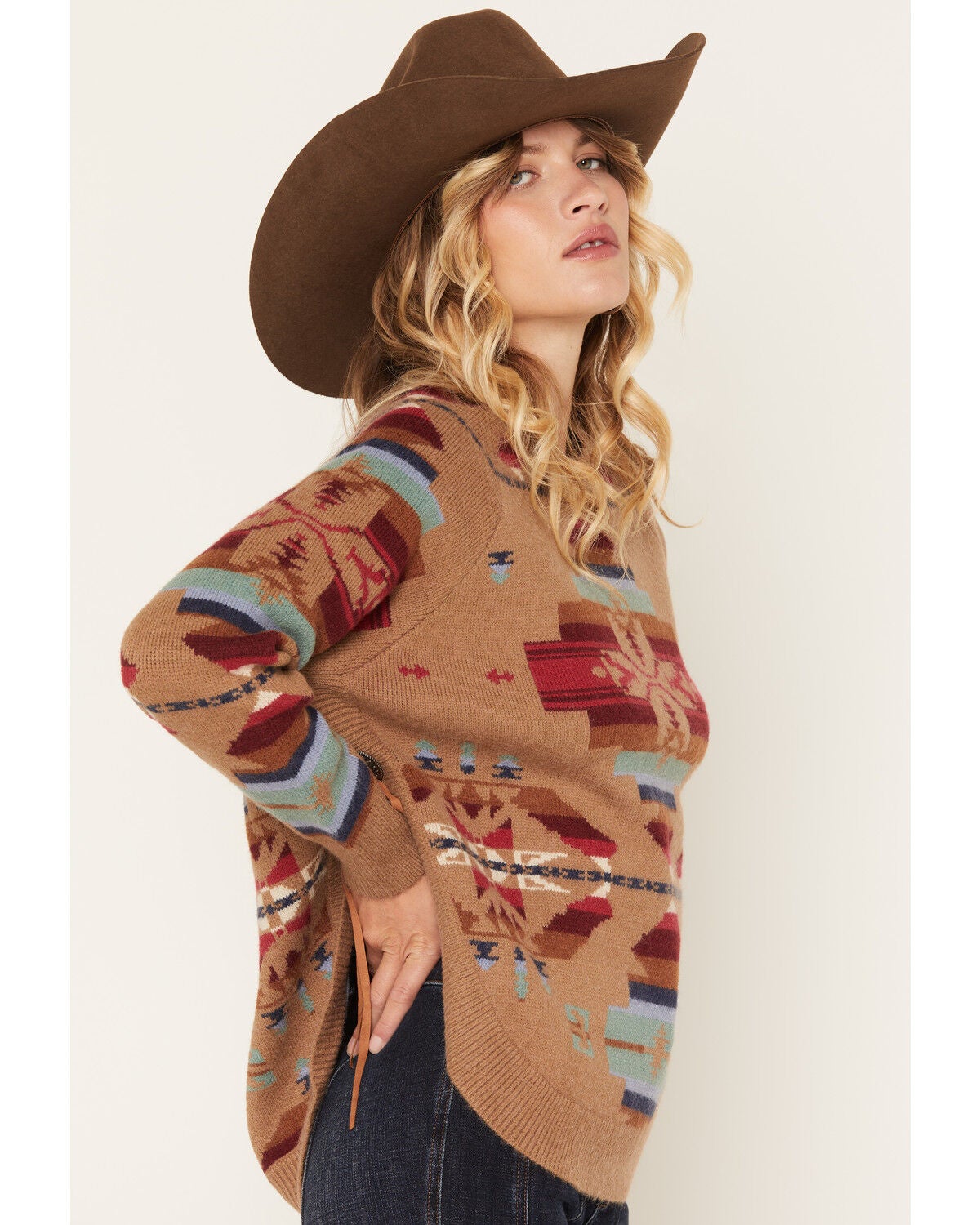 Image #2 - Cotton & Rye Women's Southwestern Print Round Bottom Sweater, Tan, hi-res