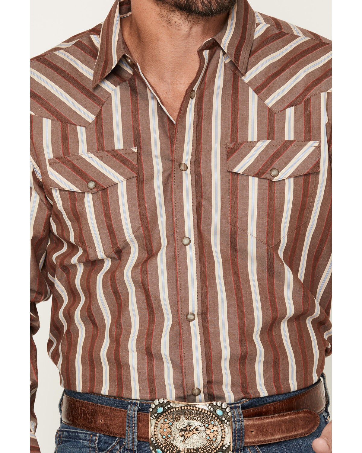 Image #3 - Gibson Trading Co Men's Cruise Control Stripe Print Long Sleeve Snap Western Shirt, Brown, hi-res