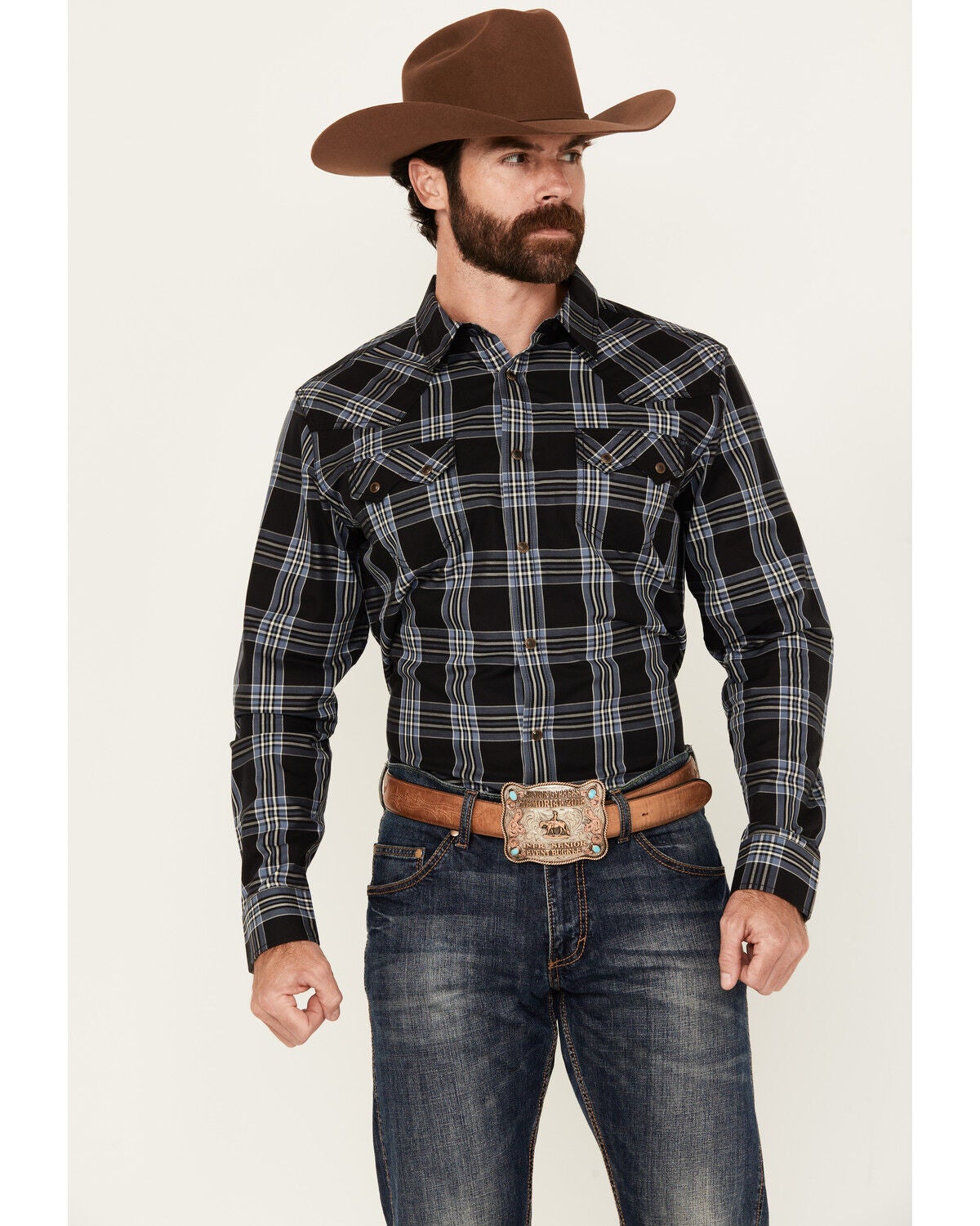 Cody James Men's Irving Plaid Print Long Sleeve Snap Western Shirt, Navy, hi-res