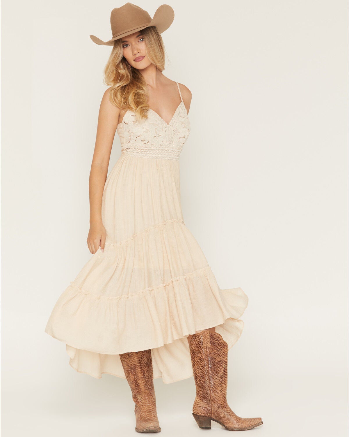 Shyanne Women's Aerie Crochet Front High-Low Midi Dress, Oatmeal, hi-res