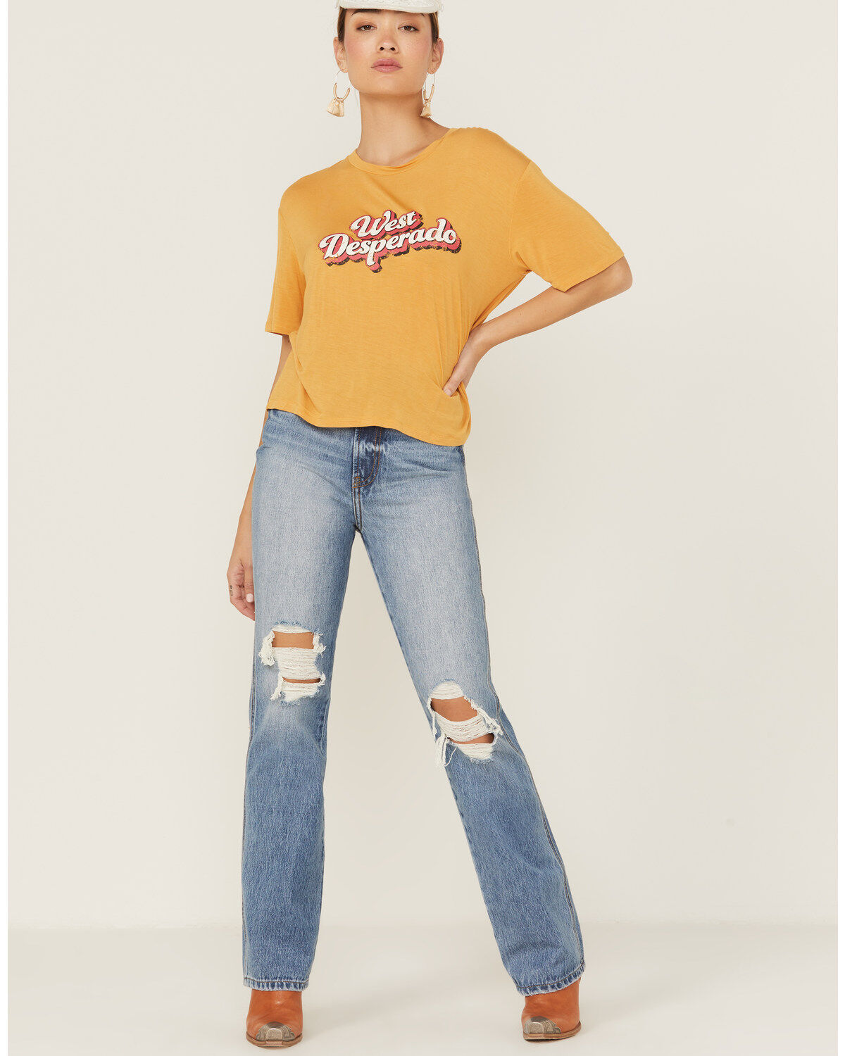 Image #4 - Panhandle Women's West Desperado Graphic Boxy Tee, Mustard, hi-res