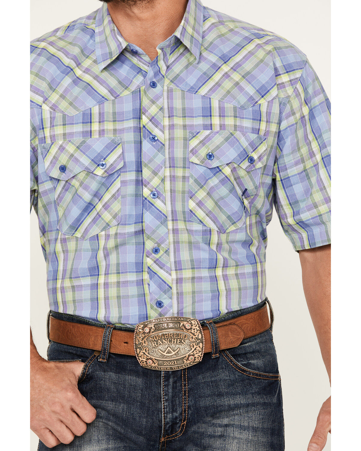 Image #3 - Resistol Men's Miramar Plaid Print Short Sleeve Button Down Western Shirt, Light Purple, hi-res
