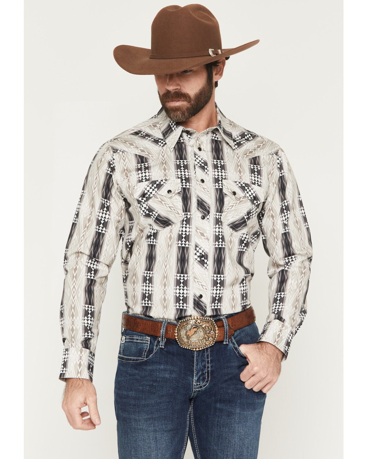 Image #1 - Rock & Roll Denim Men's Southwestern Stripe Print Long Sleeve Snap Stretch Western Shirt, Black, hi-res