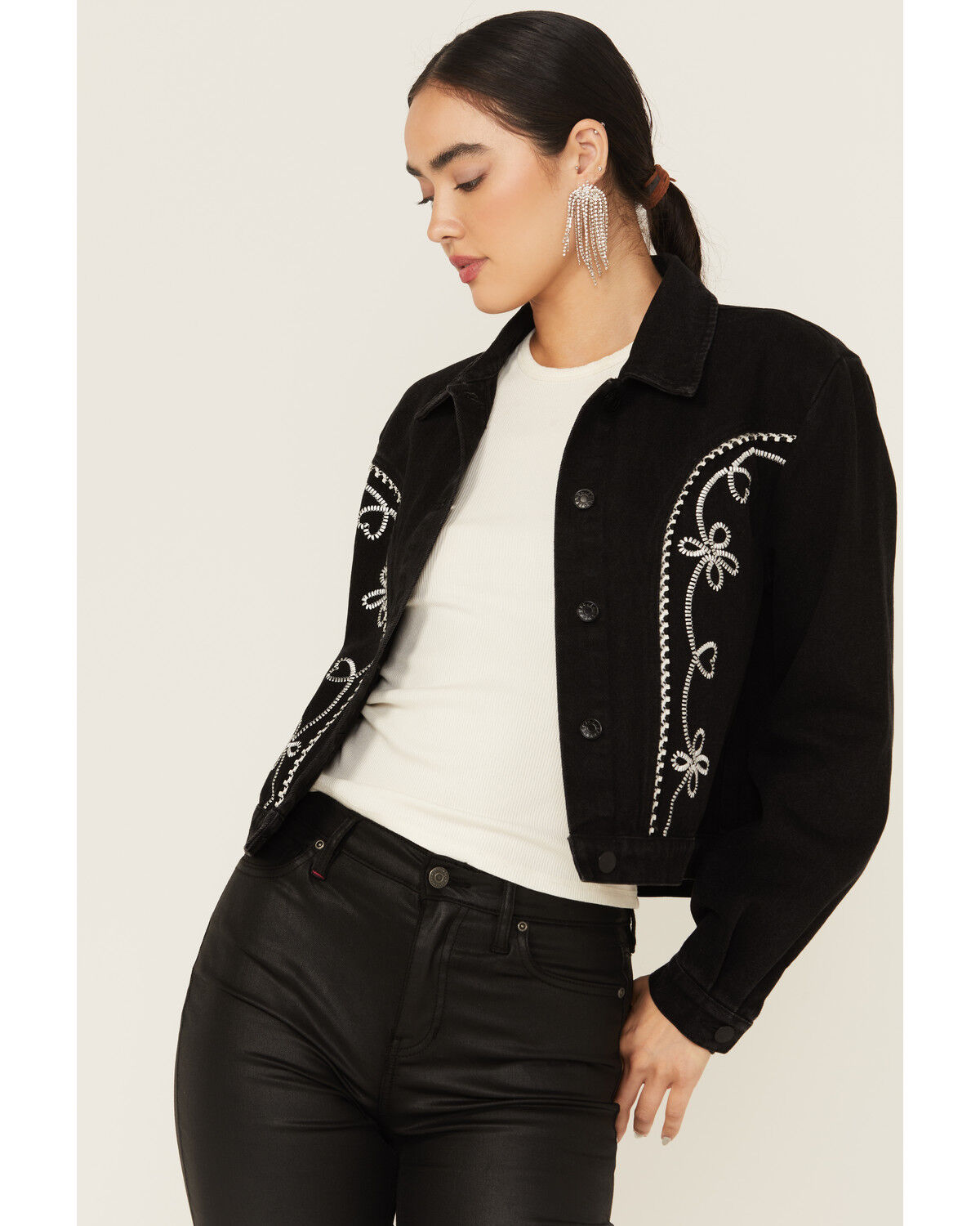 Blue B Women's Washed Embroidered Denim Jacket, Black, hi-res