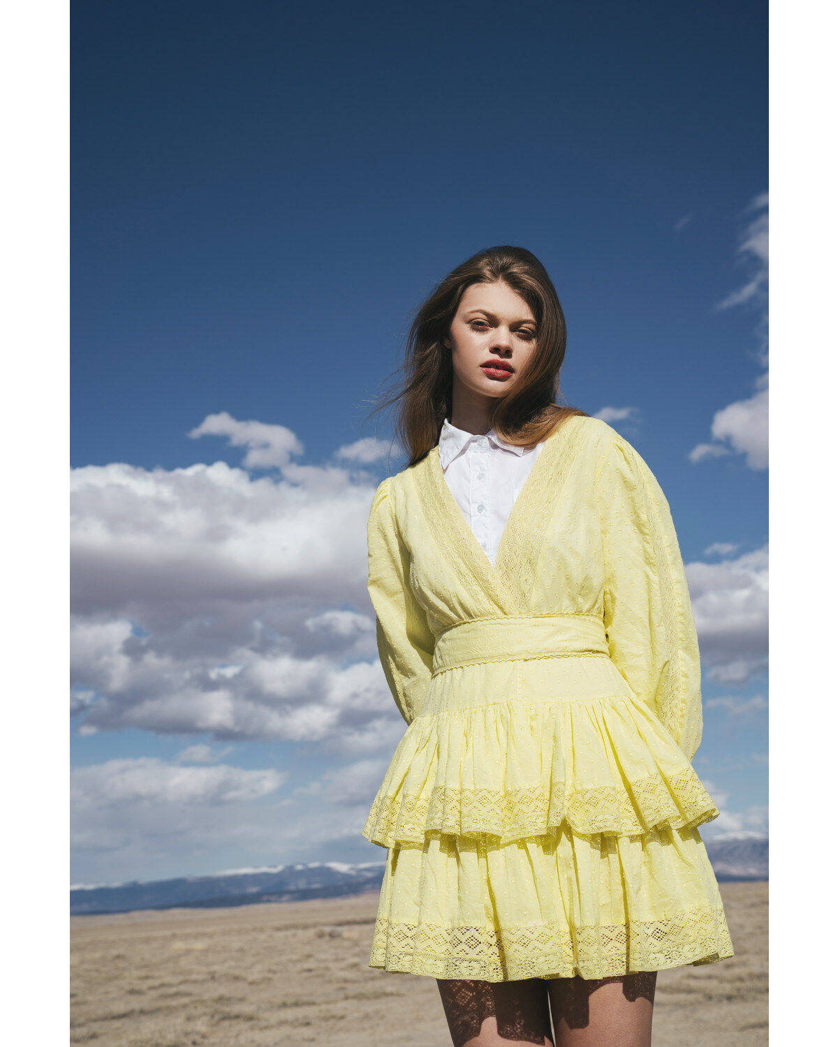 Image #1 - Maia Bergman Women's Mika Lace Tiered Mini Dress, Yellow, hi-res