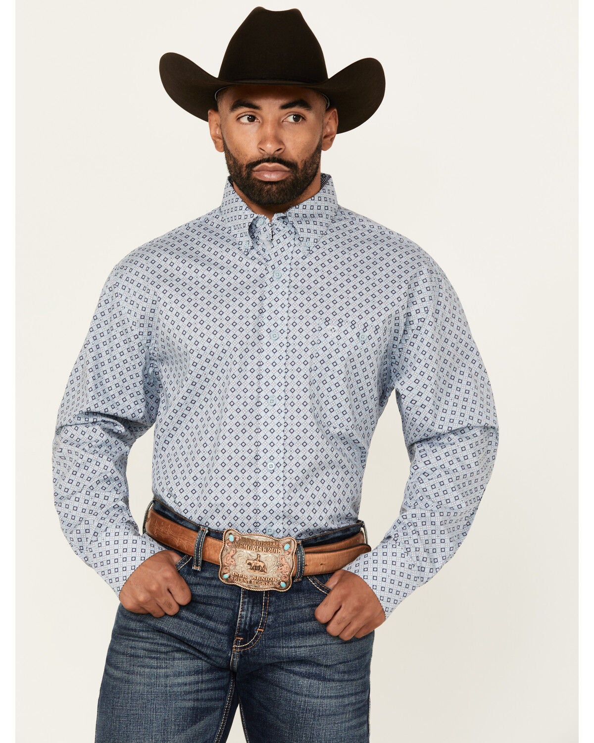 George Strait by Wrangler Men's Geo Print Long Sleeve Button-Down Stretch Western Shirt, Blue, hi-res