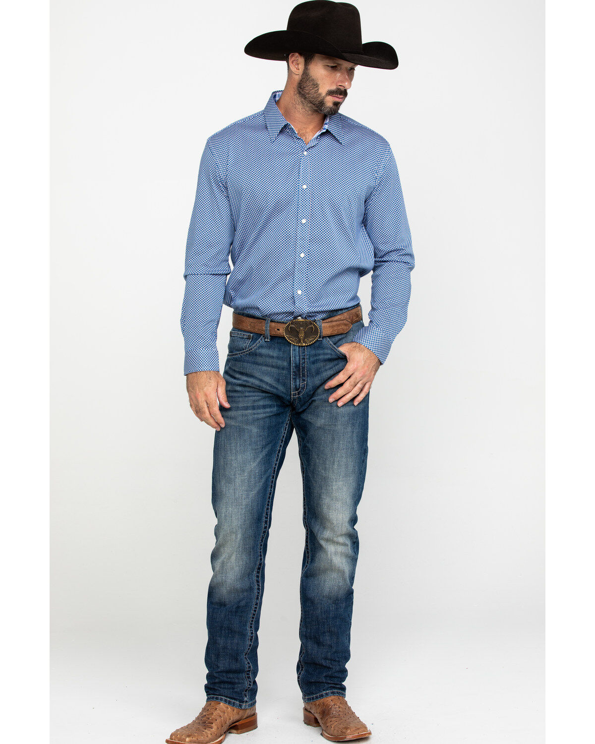 Image #6 - Scully Signature Soft Series Men's Geo Print Long Sleeve Western Shirt, Blue, hi-res