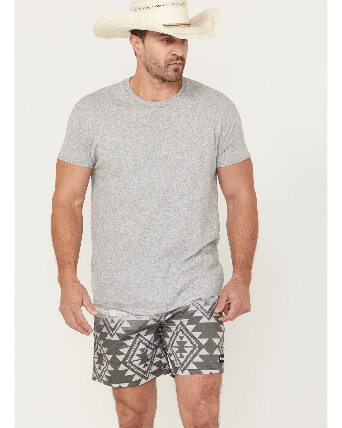 Image #1 - Hooey Men's Big Wake Southwestern Print Board Shorts, Grey, hi-res