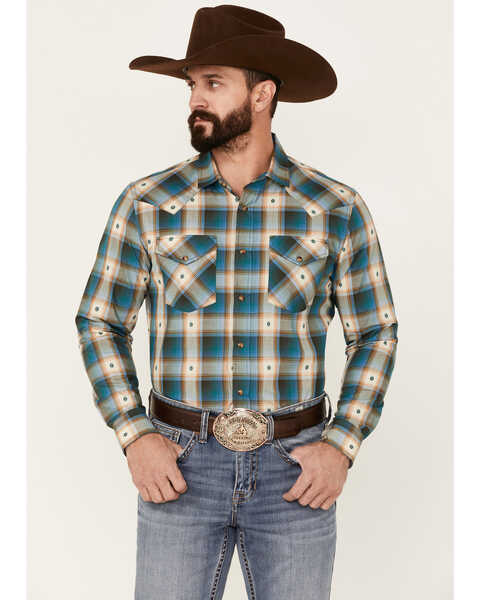 Pendleton Men's Teal Hombre All-Over Plaid Long Sleeve Snap Western Shirt , Blue, hi-res