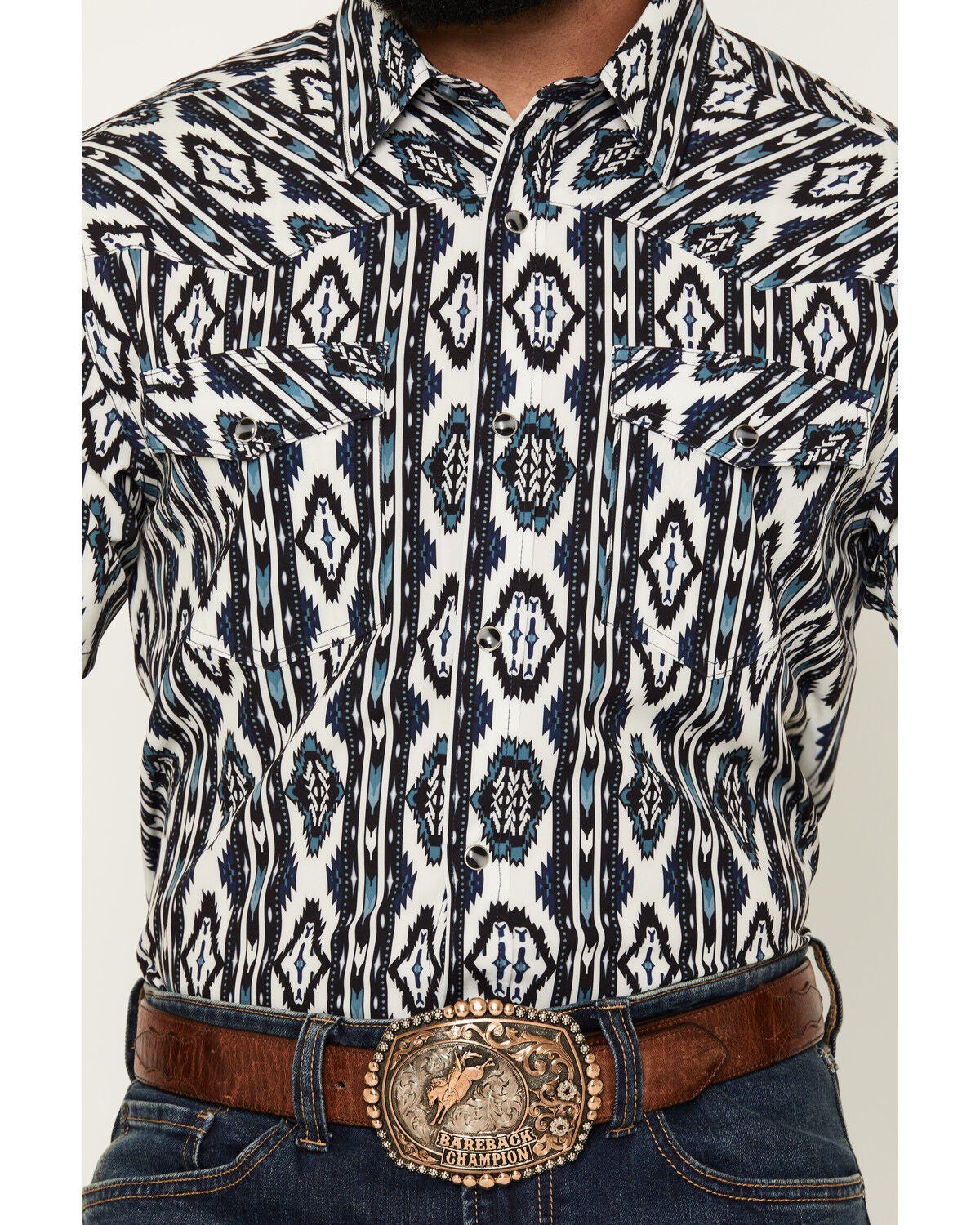 Image #3 - RANK 45&reg; Men's Rodeo Tech 2.0 8 Seconds Southwestern Print Short Sleeve Snap Stretch Performance Shirt, Blue, hi-res
