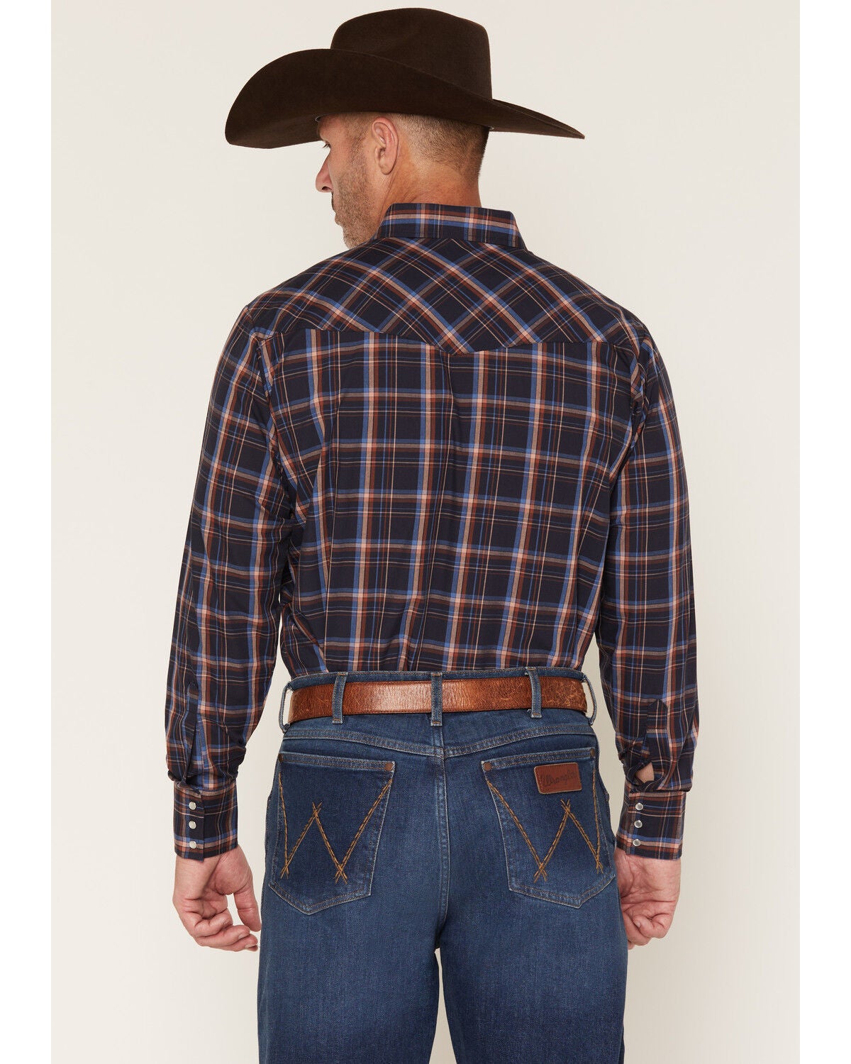Image #4 - Ely Walker Men's Plaid Print Long Sleeve Pearl Snap Western Shirt, Navy, hi-res