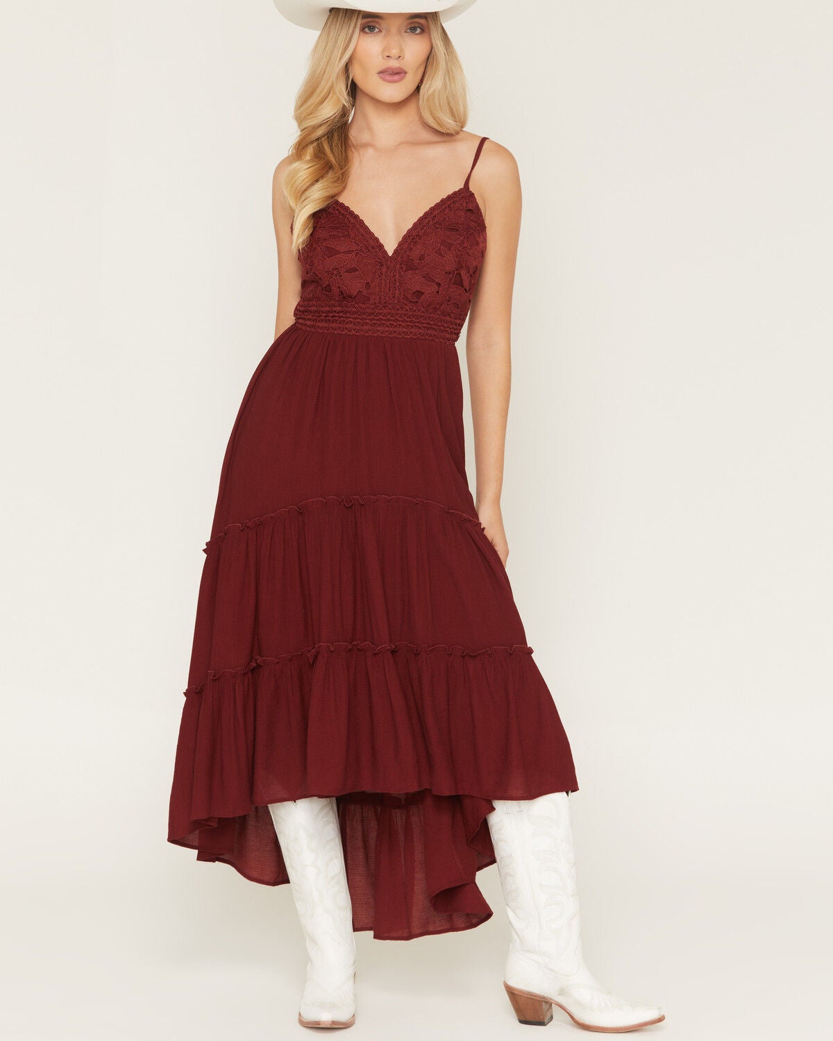 Image #3 - Shyanne Women's Aerie Crochet Front High-Low Midi Dress, Burgundy, hi-res
