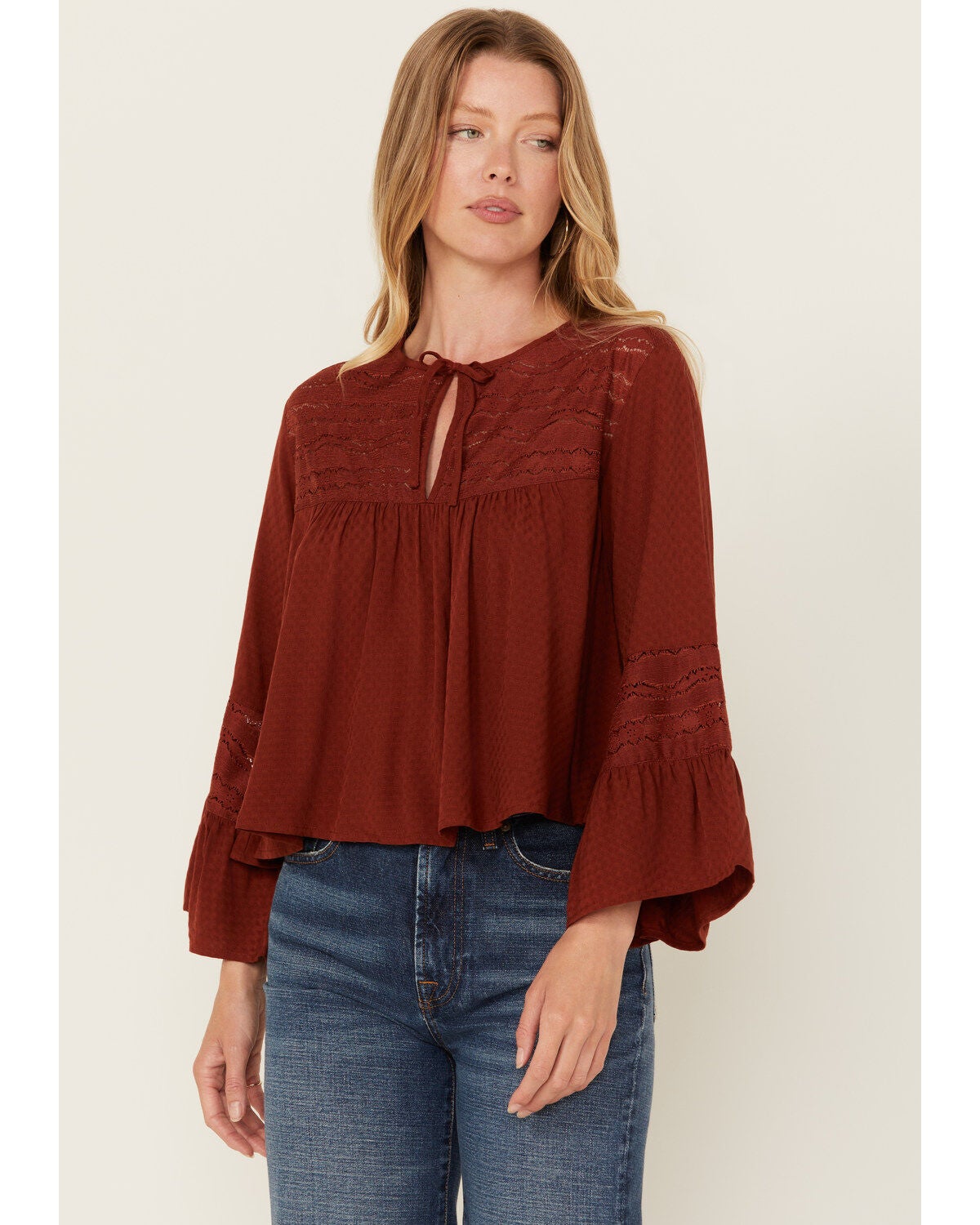 Cleo + Wolf Women's Lace Front Long Sleeve Peasant Top, Brandy Brown, hi-res