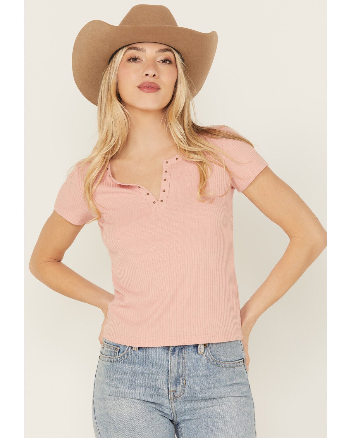 Shyanne Women's Studded Rib Knit V-Neck Top, Light Pink, hi-res