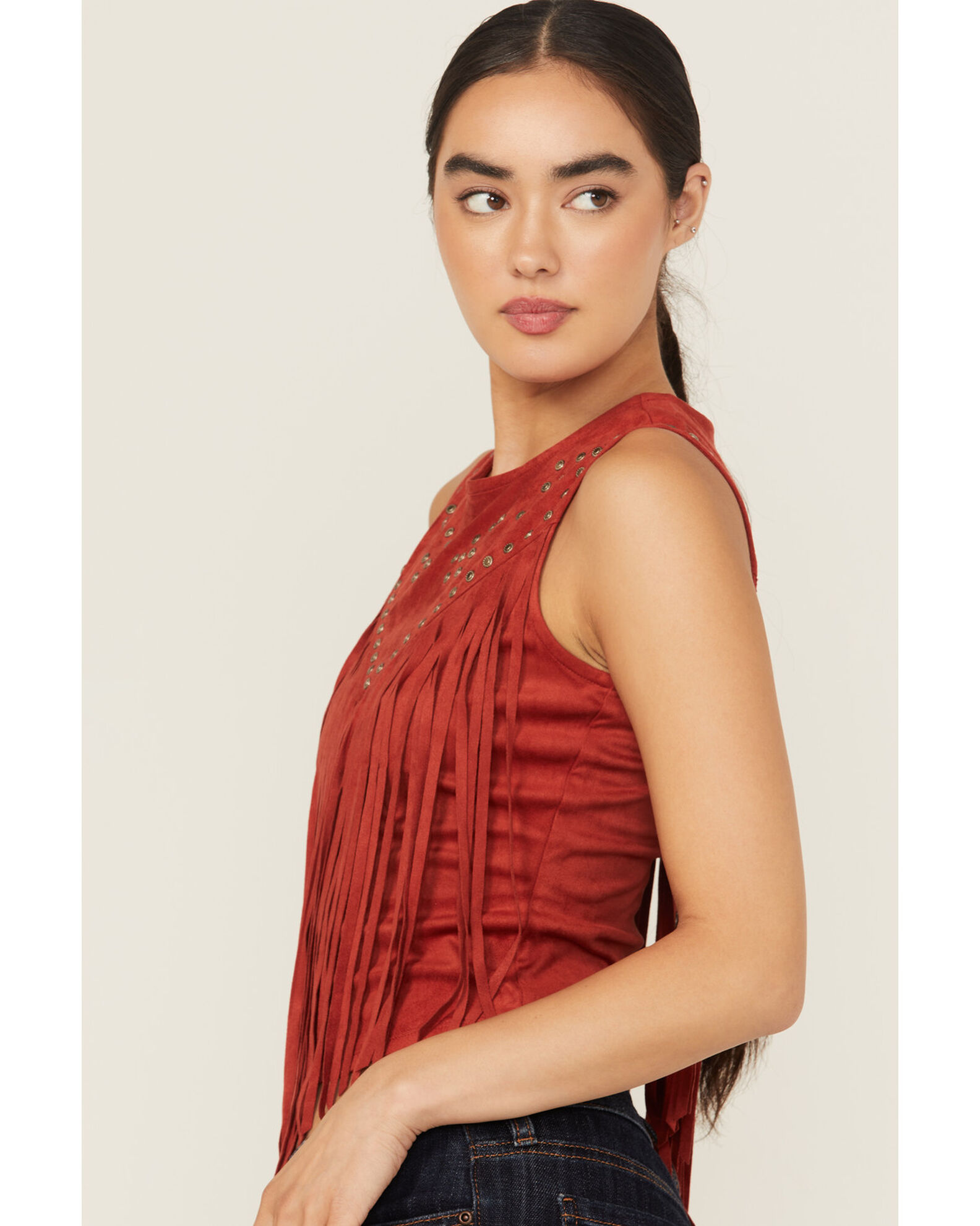 Image #2 - Idyllwind Women's Studded Fringe Faux Suede Sleeveless Shirt, Red, hi-res