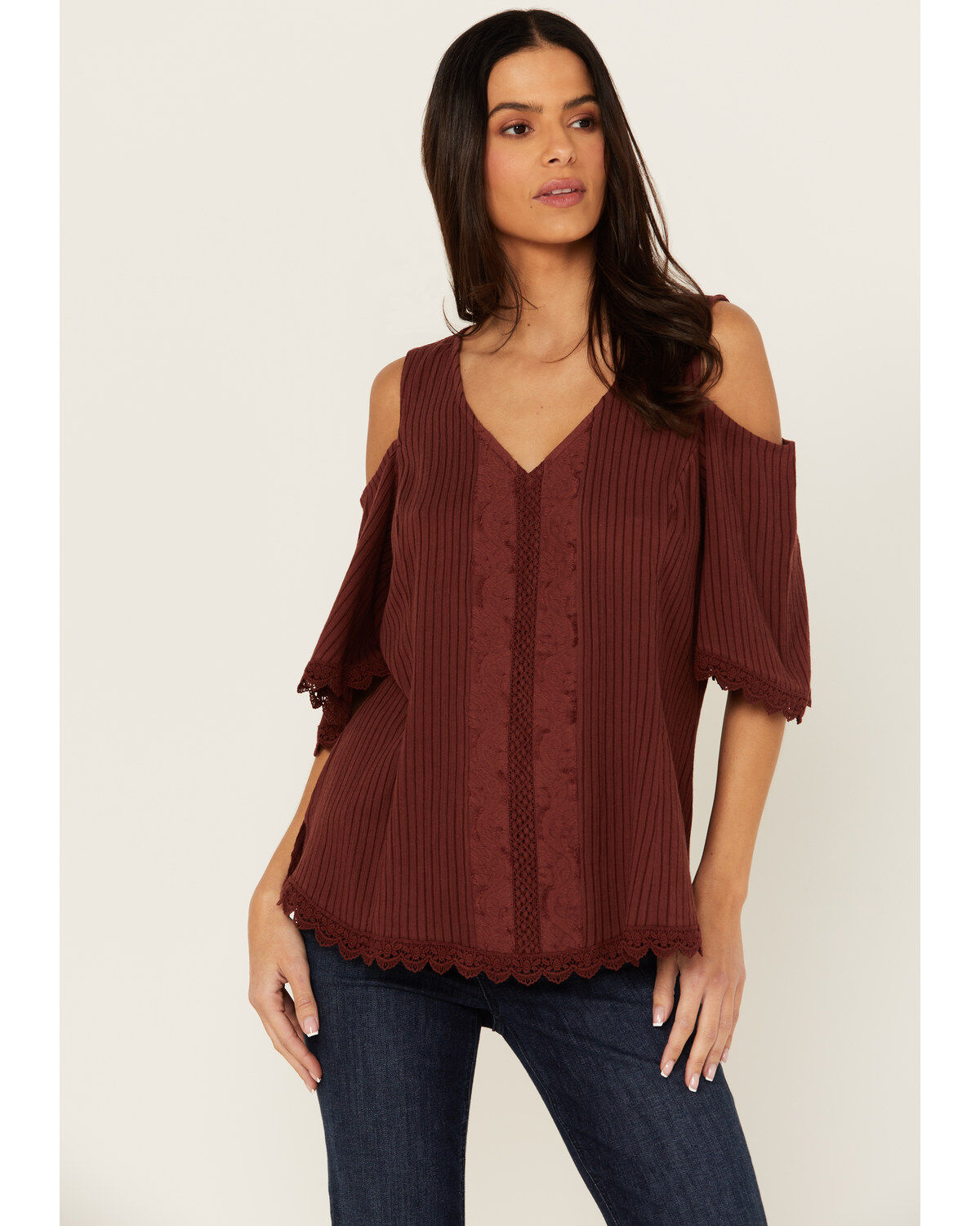 Image #1 - Shyanne Women's Short Sleeve Cold Shoulder Top, Brown, hi-res