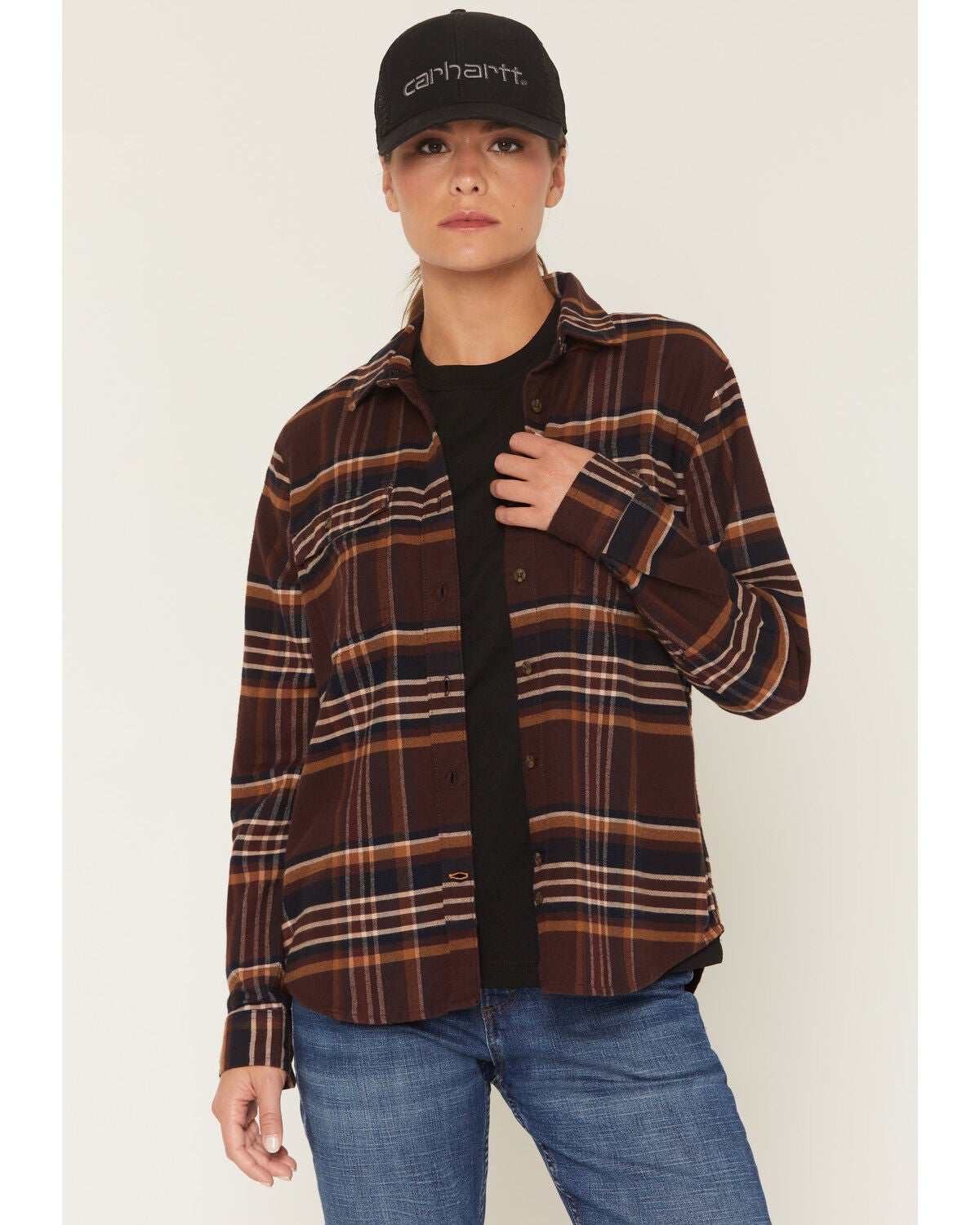 Carhartt Women's TENCEL&trade; Fiber Series Relaxed Fit Plaid Print Long Sleeve Flannel Shirt, Purple, hi-res