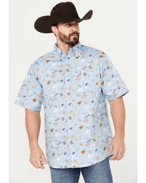 Ariat Men's Mauricio Print Classic Fit Short Sleeve Button-Down Western Shirt, Light Blue, hi-res