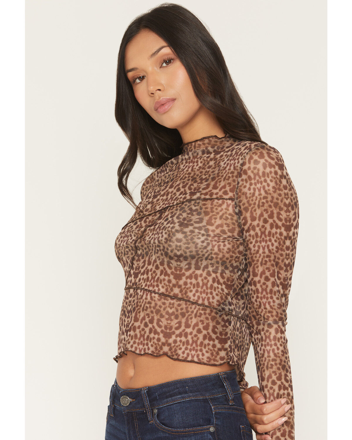Image #2 - Panhandle Women's Boot Barn Exclusive Leo Leopard Print Long Sleeve Mesh Top, Brown, hi-res