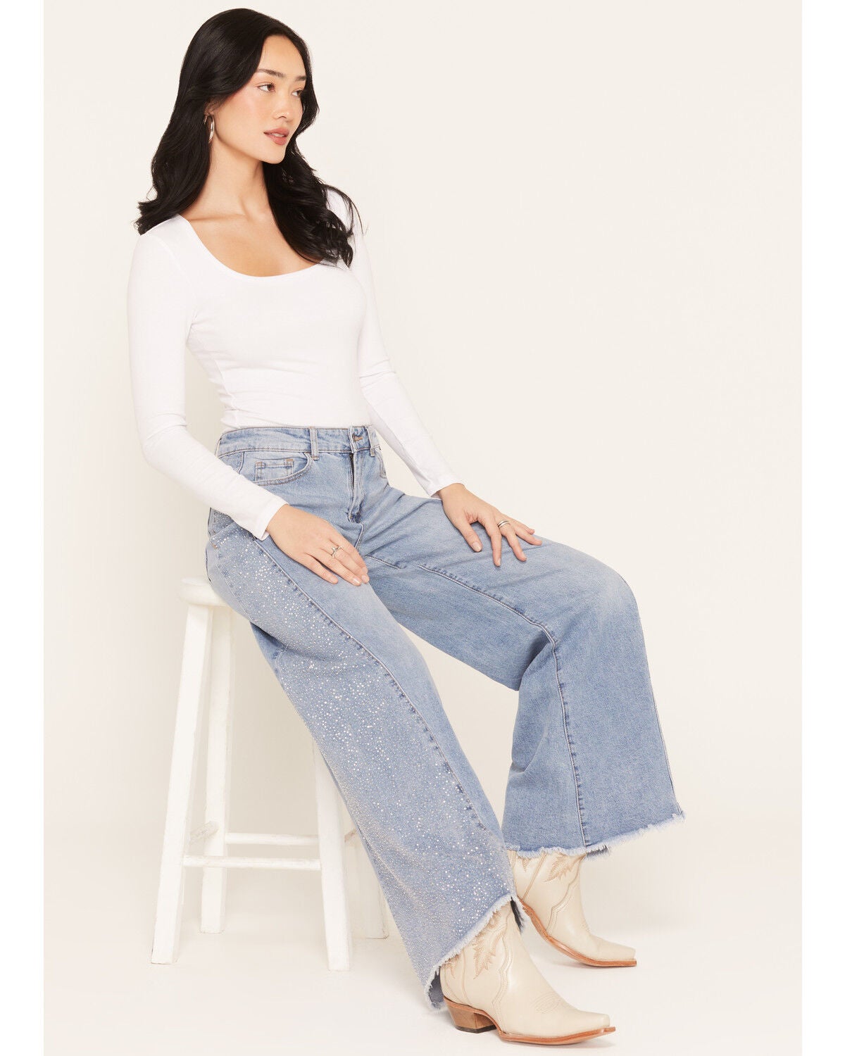 Cello Women's Medium Wash High Rise Rhinestone Embellished Extra Wide Stretch Denim Jeans, Medium Wash, hi-res