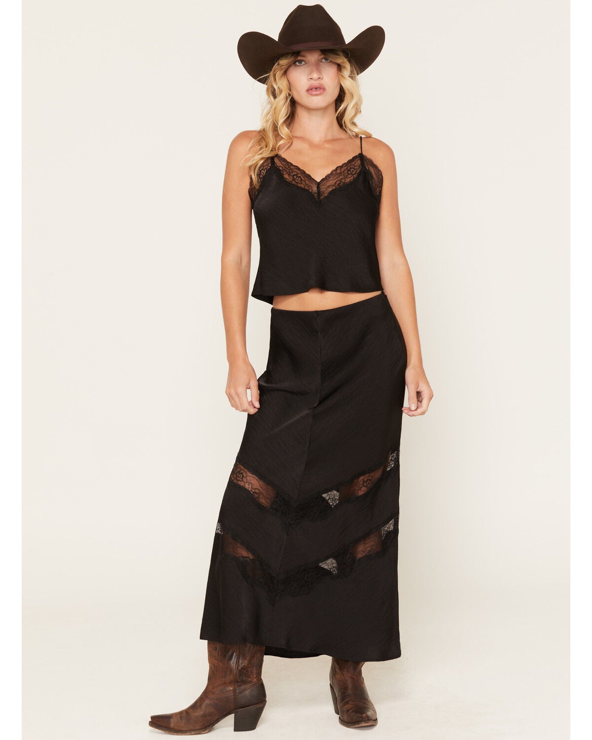 Image #1 - White Crow Women's Satin Lace Midi Skirt, Black, hi-res